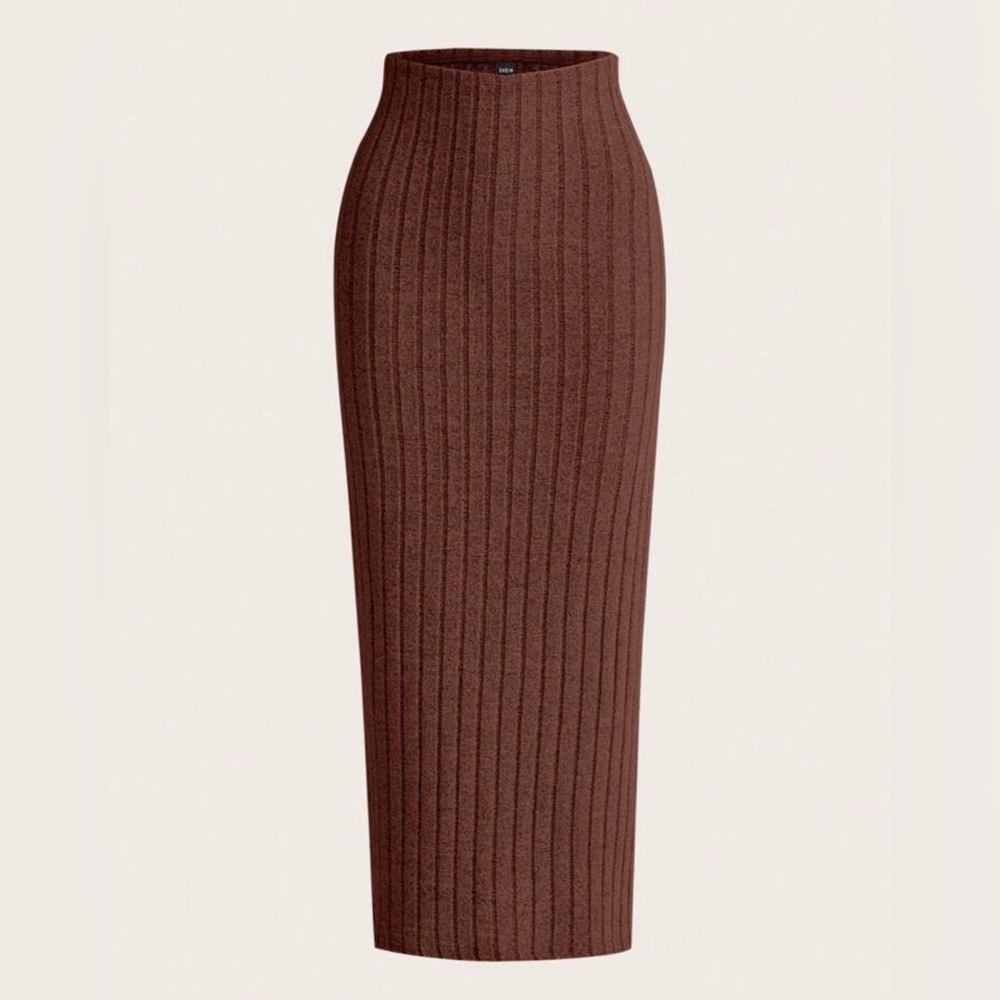 SHEIN EZwear Spring Solid Ribbed Knitted Chic Brown Pencil Skirt New w/ tags XS